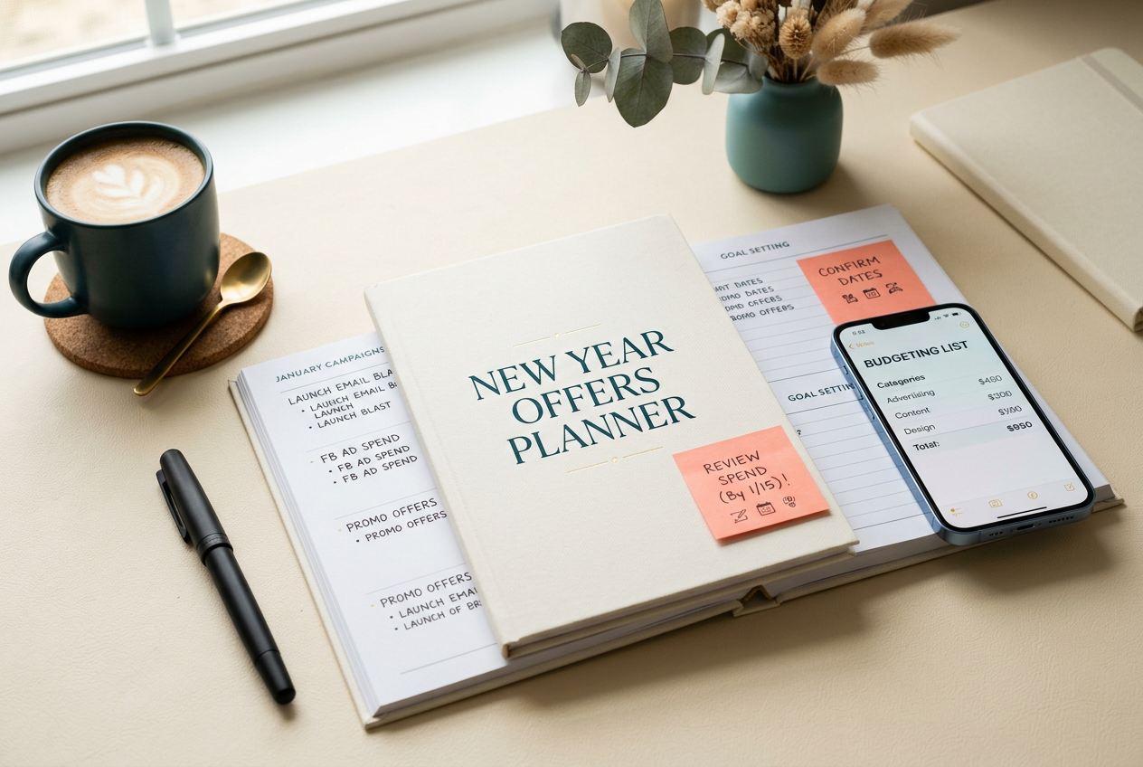 New Year Offers Planner kit preview with worksheet, phone, and notes on a desk